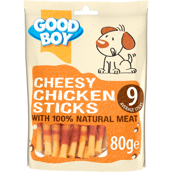 Foto van Good Boy Hondensnacks cheesy chicken sticks op witte achtergrond