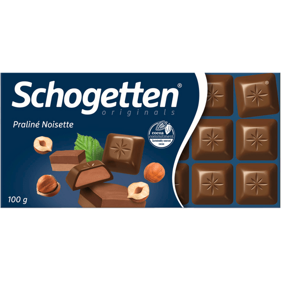 Foto van Schogetten Chocoladereep praline nougat op witte achtergrond
