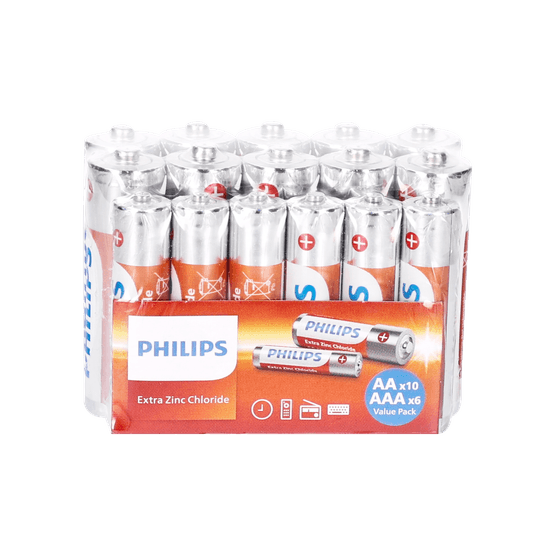 Foto van Philips Longlife batterijen aa-aaa 16-pack op witte achtergrond