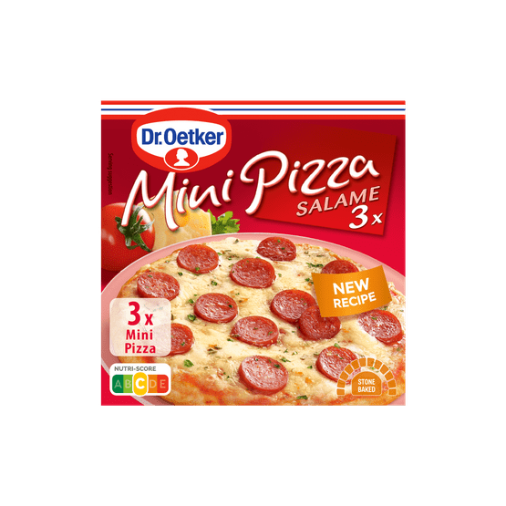 Foto van Dr. Oetker Mini pizza salame 3 stuks op witte achtergrond