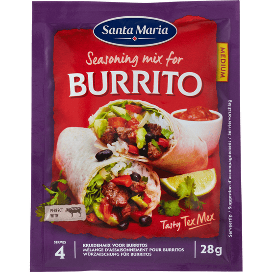 Foto van Santa Maria Burrito seasoningmix op witte achtergrond