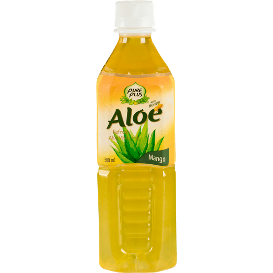 Foto van Pure Plus Aloe vera drink mango op witte achtergrond