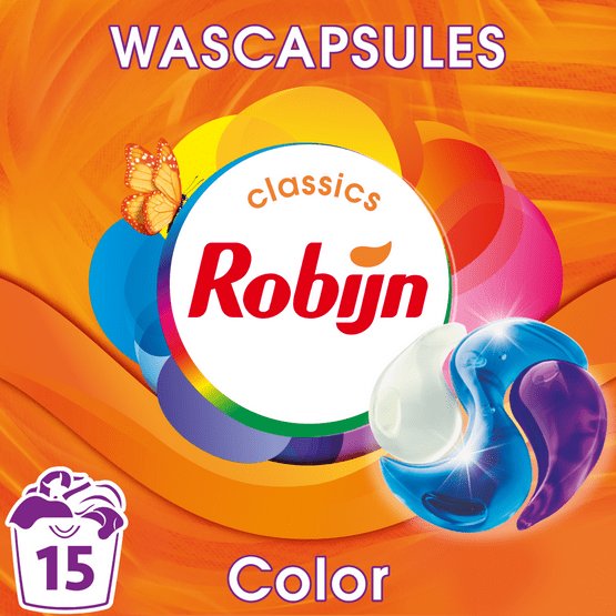 Foto van Robijn Vloeibaar wasmiddel 3 in 1 caps. color op witte achtergrond