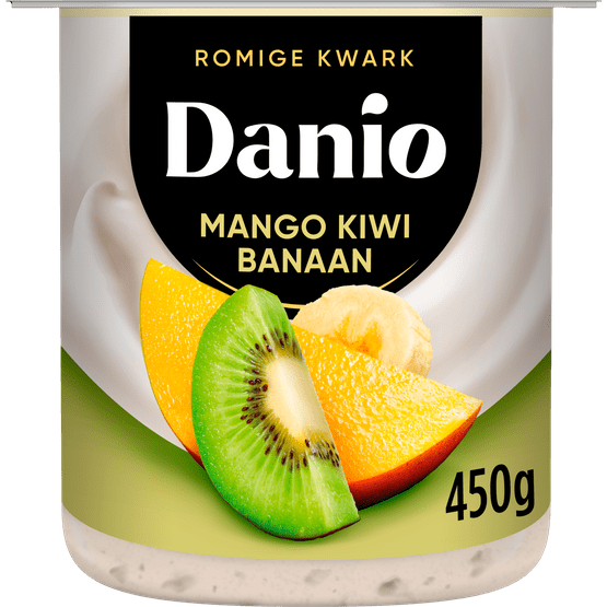 Foto van Danio Romige kwark mango kiwi banaan op witte achtergrond