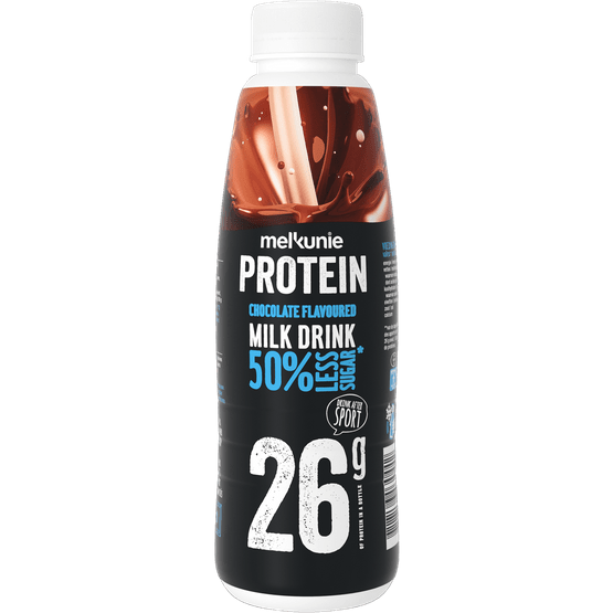Foto van Melkunie Protein chocolate milk drink op witte achtergrond