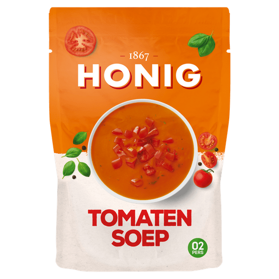Foto van Honig Soep in zak tomaat op witte achtergrond