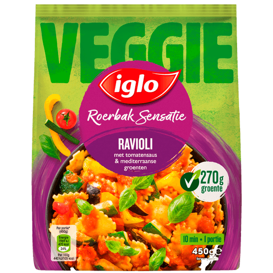 Foto van Iglo Roerbaksensatie ravioli tomaat op witte achtergrond