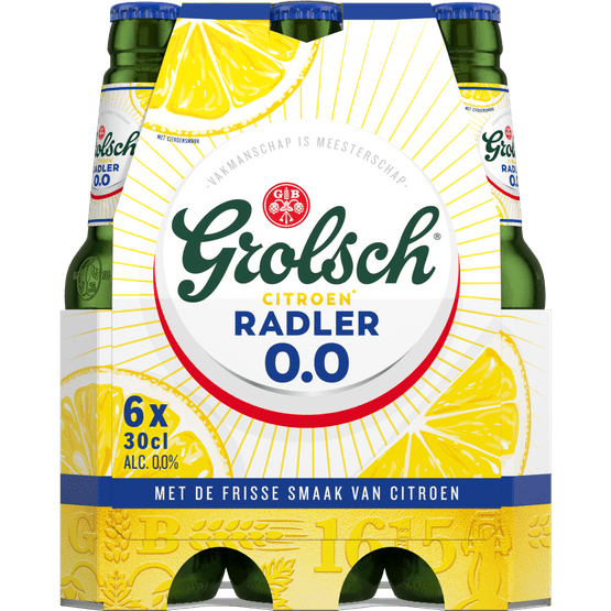 Foto van Grolsch Radler citroen 0.0% op witte achtergrond