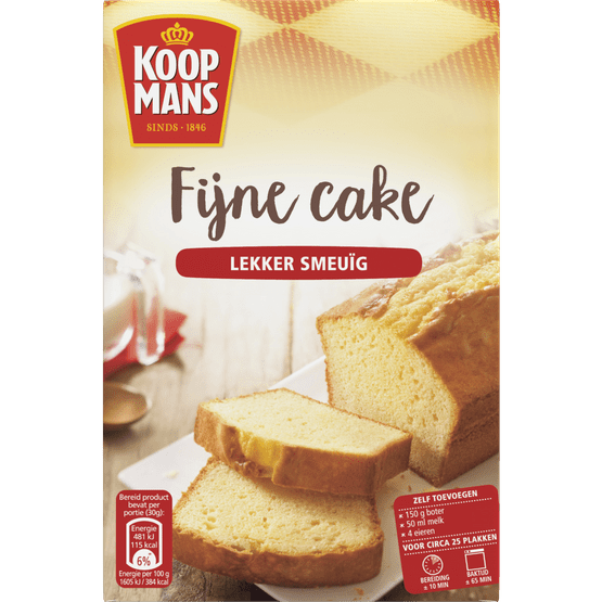 Foto van Koopmans Fijne cake mix op witte achtergrond
