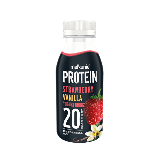 Foto van Melkunie Protein yoghurt drink aardbei vanille op witte achtergrond