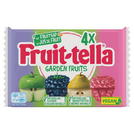 Foto van Fruittella Gardenfruits vegan 4 stuks op witte achtergrond