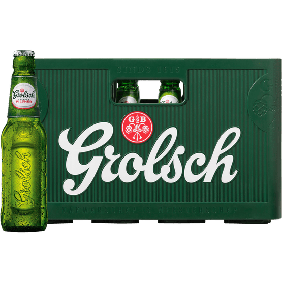 Foto van Grolsch Premium pilsener krat op witte achtergrond