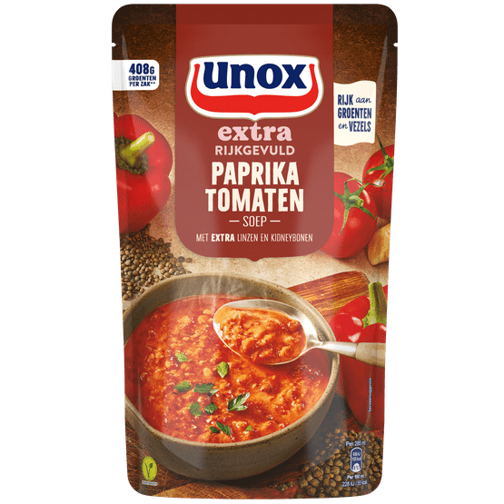 Foto van Unox Paprika tomatensoep extra rijkgevuld op witte achtergrond