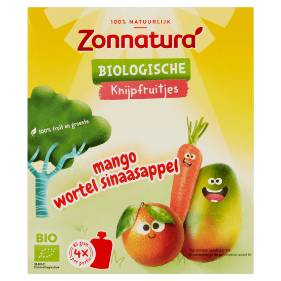 Foto van Zonnatura Knijpfruit mango wortel sinas op witte achtergrond