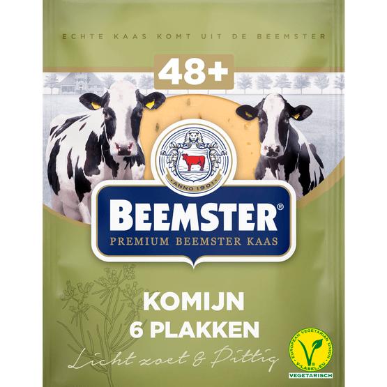 Foto van Beemster Kaas komijn plakken 48+ op witte achtergrond