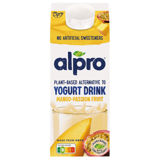 Foto van Alpro Plantaardige drinkyoghurt mango-passie op witte achtergrond