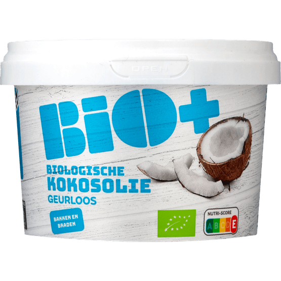 Foto van Bio+ Kokosolie geurloos op witte achtergrond