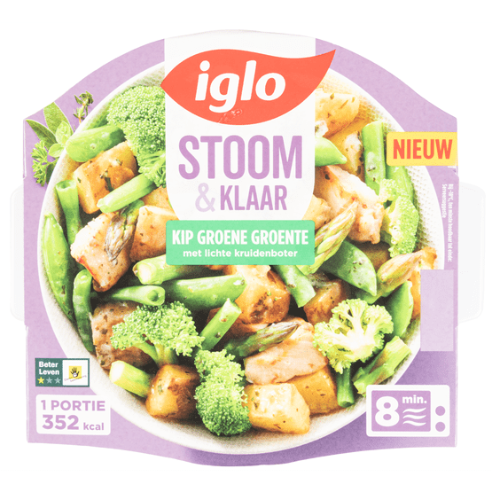 Foto van Iglo Stoom & klaar kip groene groente op witte achtergrond