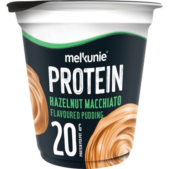 Foto van Melkunie Hazelnut macchiato pudding proteine op witte achtergrond