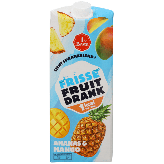 Foto van 1 de Beste Frisse fruitdrank ananas-mango 1kcal op witte achtergrond