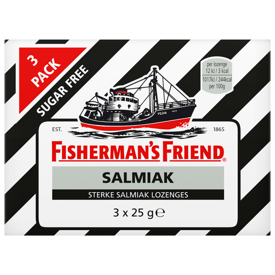 Foto van Fisherman's Friend Salmiak suikervrij 3 pack op witte achtergrond