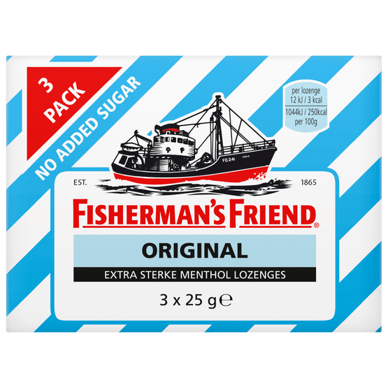 Foto van Fisherman's Friend Original suikervrij 3 pack op witte achtergrond