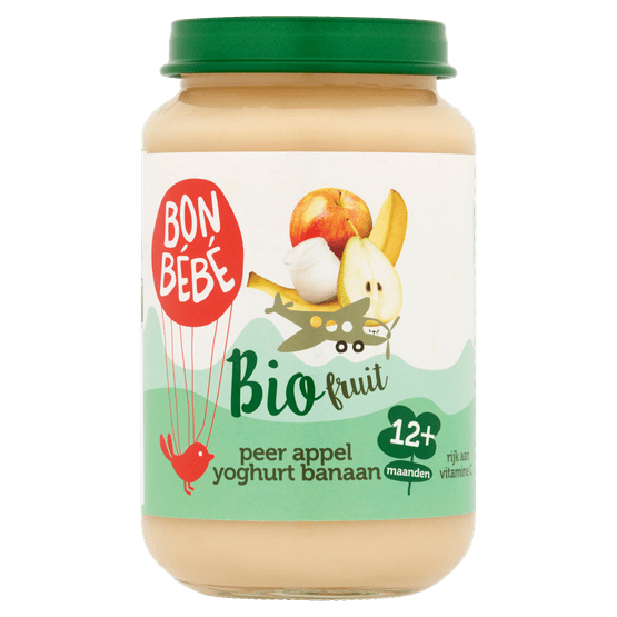 Foto van Bonbébé Fruithapje 12+ maanden appel-banaan-peer-yoghurt op witte achtergrond