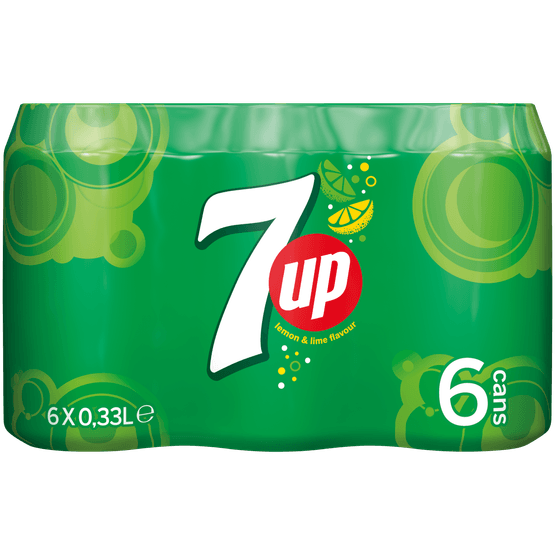 Foto van 7UP Regular 6x33 cl op witte achtergrond