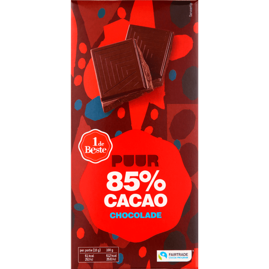 Foto van 1 de Beste Chocoladereep puur 85% cacao op witte achtergrond