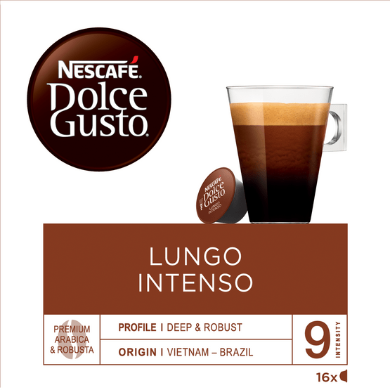 Foto van Nescafé Dolce gusto lungo intenso sterkte 9. op witte achtergrond