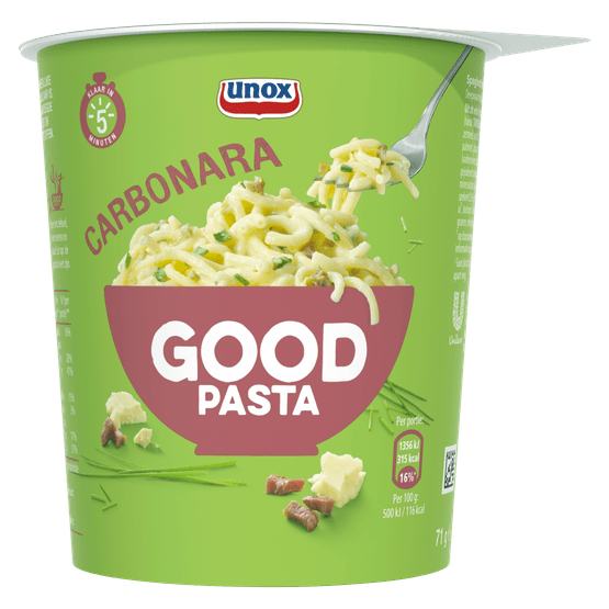 Foto van Unox Good pasta carbonara op witte achtergrond