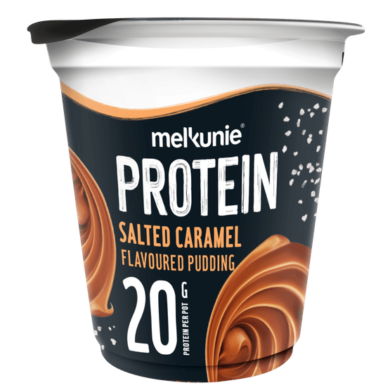Foto van Melkunie Caramel pudding protein op witte achtergrond
