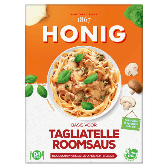 Foto van Honig Kruidenmix tagliatelle roomsaus op witte achtergrond