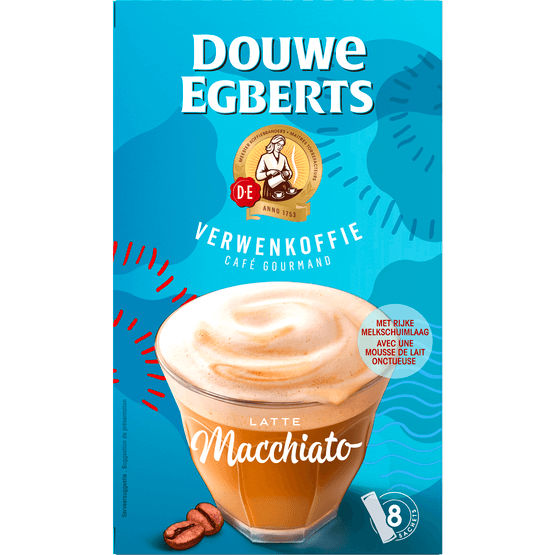 Foto van Douwe Egberts Oploskoffie latte macchiato 8 st op witte achtergrond