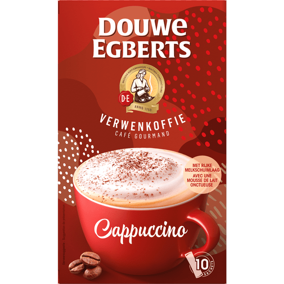 Foto van Douwe Egberts Oploskoffie cappuccino 10 st. op witte achtergrond