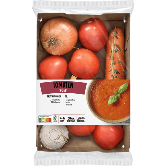 Foto van Verspakket tomatensoep op witte achtergrond