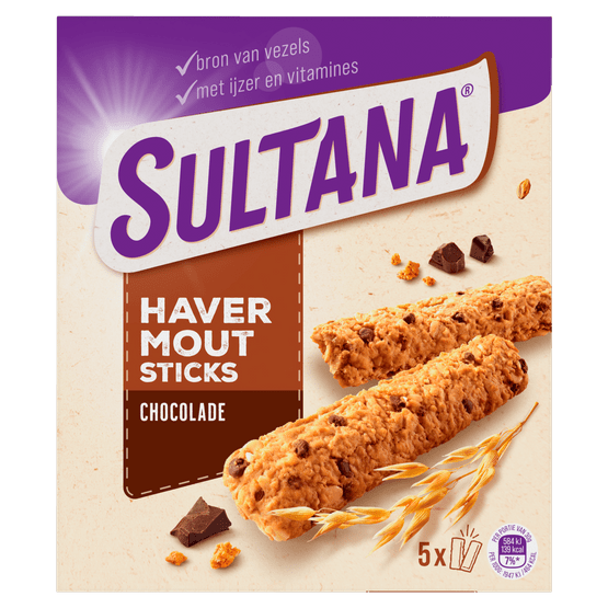 Foto van Sultana Oat sticks chocolate 5 st. op witte achtergrond