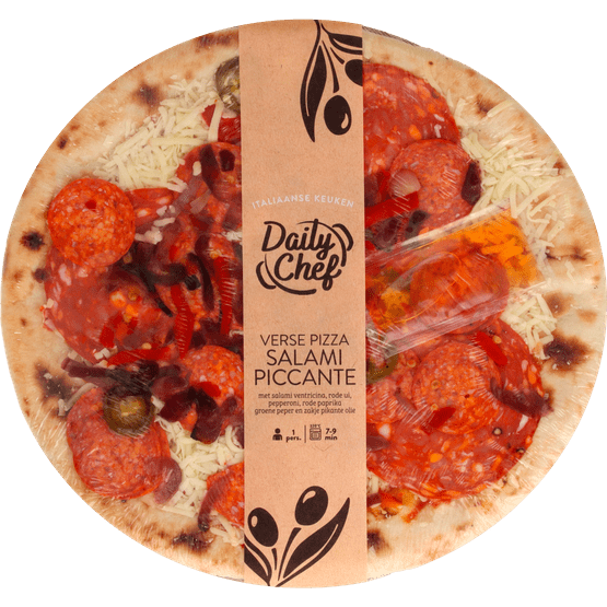 Foto van Daily Chef Pizza salami piccante op witte achtergrond