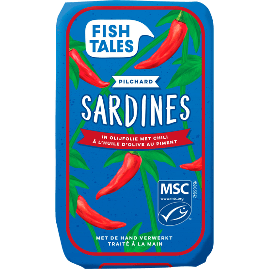 Foto van Fish Tales Sardines in olijfolie chili op witte achtergrond