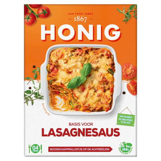 Foto van Honig Kruidenmix lasagnesaus op witte achtergrond
