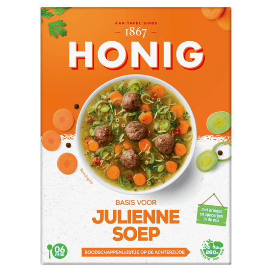 Foto van Honig Julienne soep op witte achtergrond