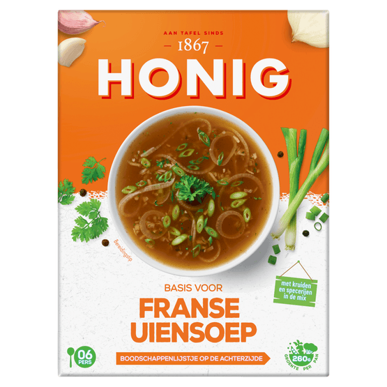 Foto van Honig Franse uiensoep op witte achtergrond