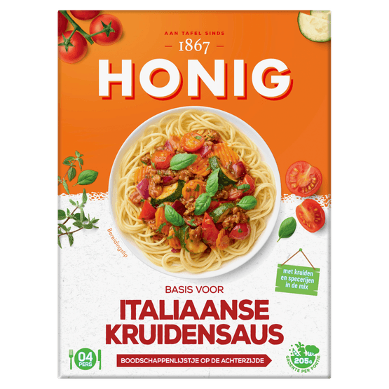 Foto van Honig Kruidenmix italiaanse kruidensaus op witte achtergrond