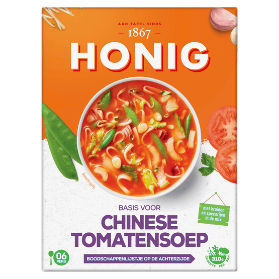 Foto van Honig Chinese tomatensoep op witte achtergrond