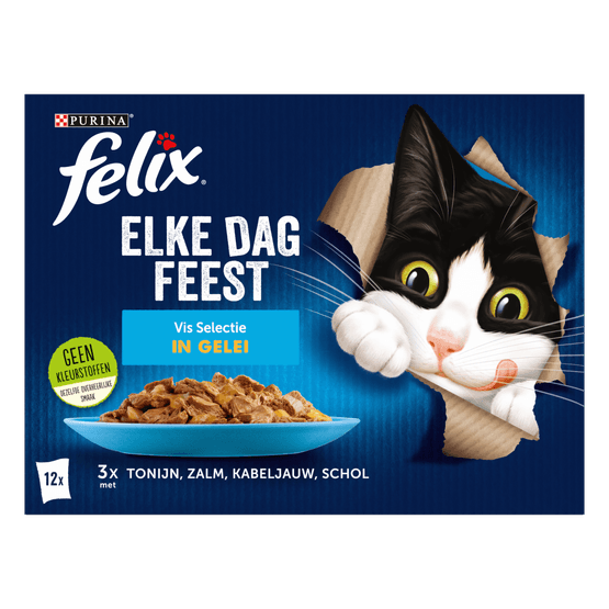 Foto van Felix Kattenvoer elke dag feest vis selectie in gelei op witte achtergrond