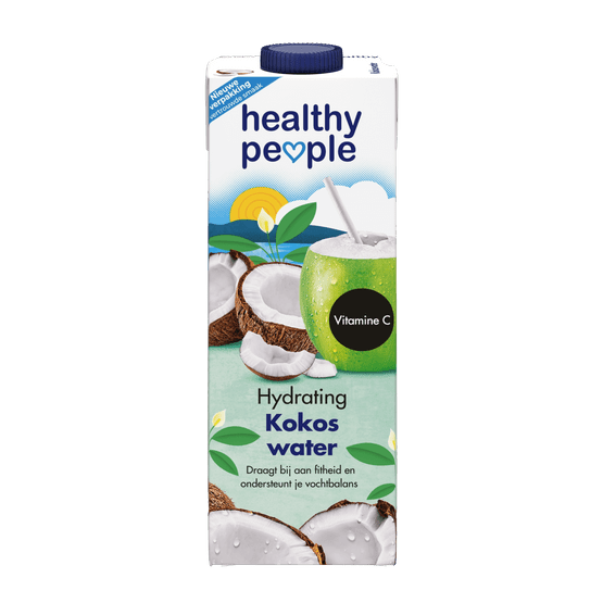 Foto van Healthy People Kokoswater op witte achtergrond