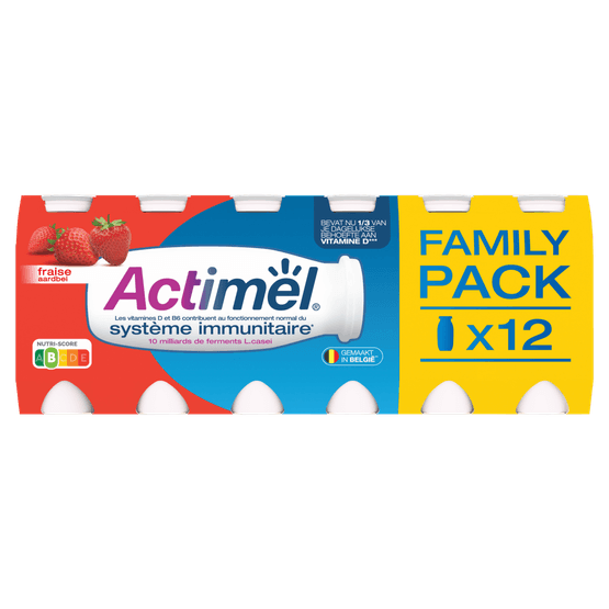 Foto van Danone Actimel drink aardbei 12-pack 100ml op witte achtergrond