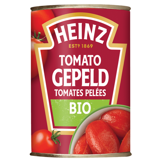 Foto van Heinz Gepelde tomaten biologisch op witte achtergrond