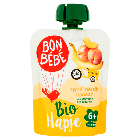 Foto van Bonbébé Biohapje 6+ maanden appel-perzik-banaan op witte achtergrond