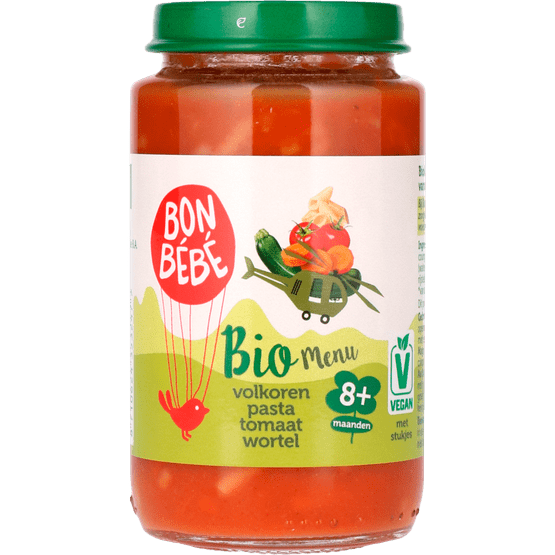 Foto van Bonbébé Biomenu 8+ maanden volkoren pasta tomaat wortel op witte achtergrond